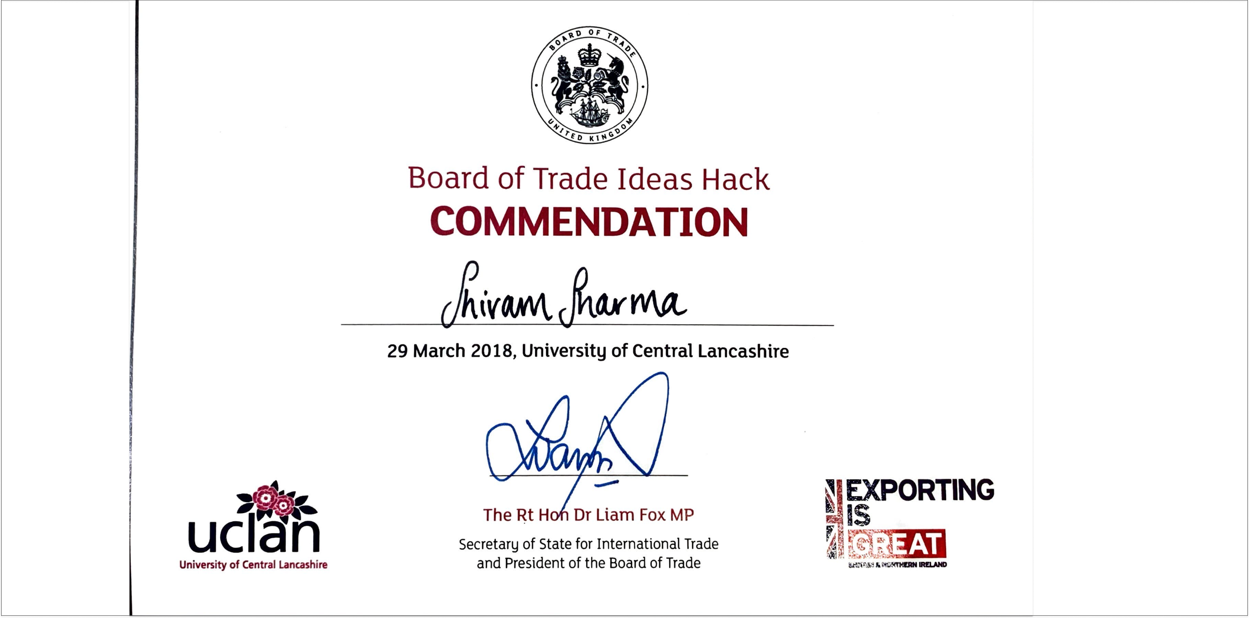 Board of Trade Ideas Hack · Commendation